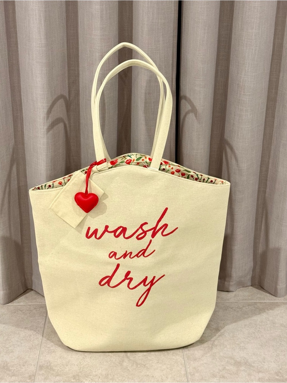 Canvas 'Wash and Dry' Tote Bag in Cream with Red Script